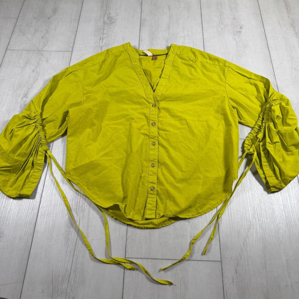 Pilcro Anthropologie Drawstring Chartreuse Poplin Button Blouse Womens Small